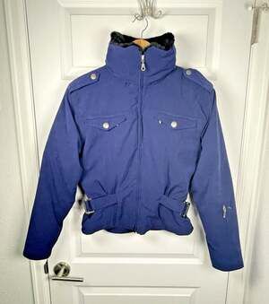 Vintage Y2K Nils Skiwear Ski Jacket Sz 6 Faux Fur 550 Fill Power Blue Bomber EUC